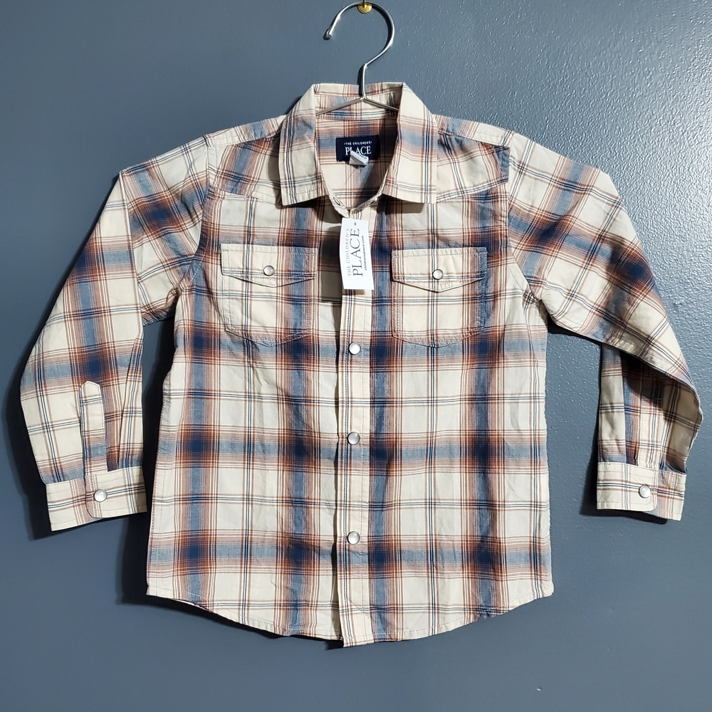 NWT Children's Place Plaid Button Down Shirt Cream and Brown Western Pearl Snaps